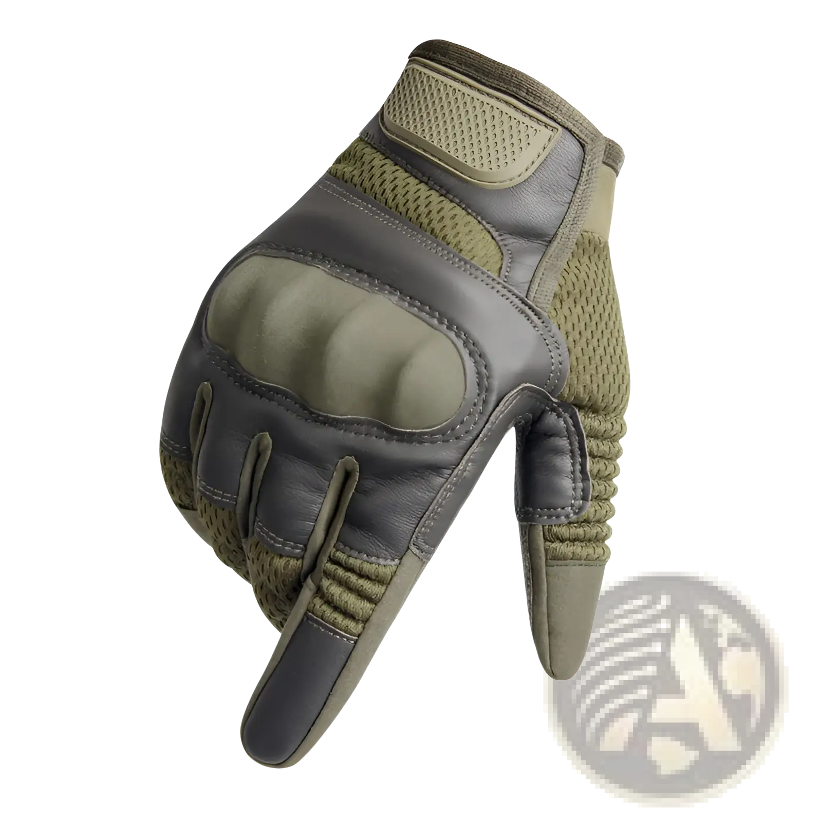Olive and gray tactical gloves with reinforced leather palms breathable mesh panels and durable multifunctional design