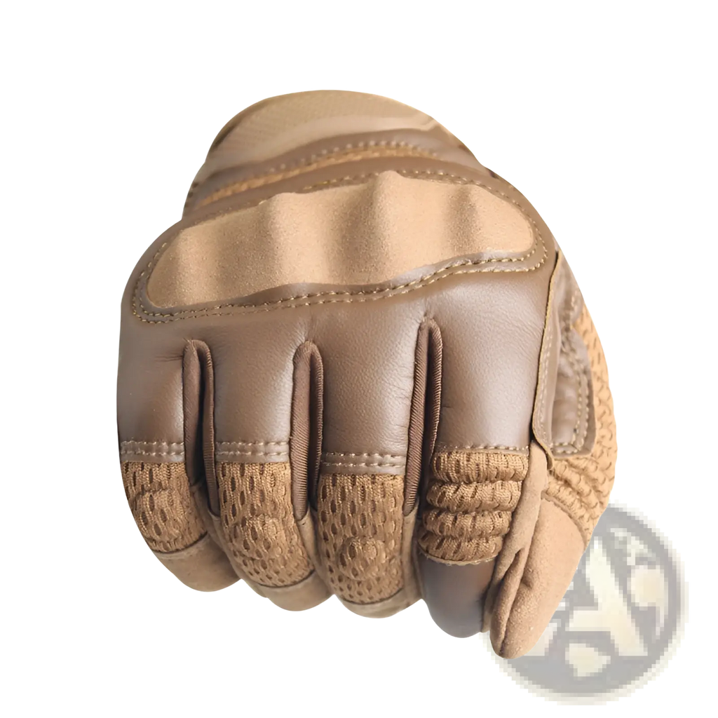 Back side of tan tactical gloves featuring reinforced palm and finger sections with breathable mesh panels