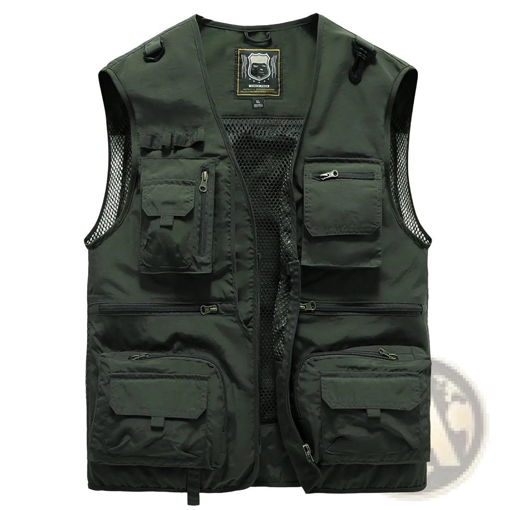Dark green tactical hiking vest with 14 pockets and mesh cargo panels for durable outdoor use