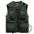 Dark green tactical hiking vest with 14 pockets and mesh cargo panels for durable outdoor use
