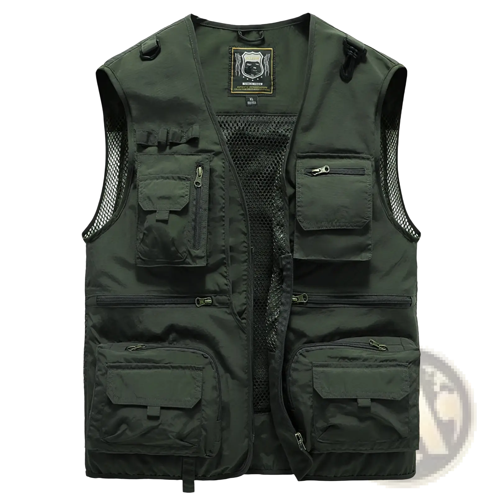 Dark green tactical hiking vest with 14 pockets and mesh cargo panels for durable outdoor use
