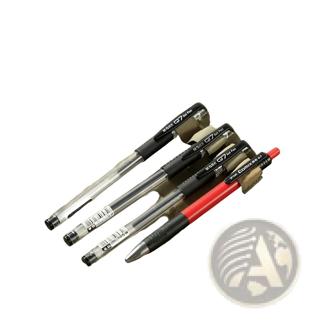 Four gel pens with transparent barrels and black grips resting on khaki tactical hiking vest with 14 pockets mesh cargo jacket