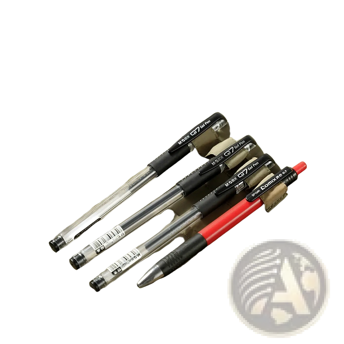 Four gel pens with transparent barrels and black grips resting on khaki tactical hiking vest with 14 pockets mesh cargo jacket