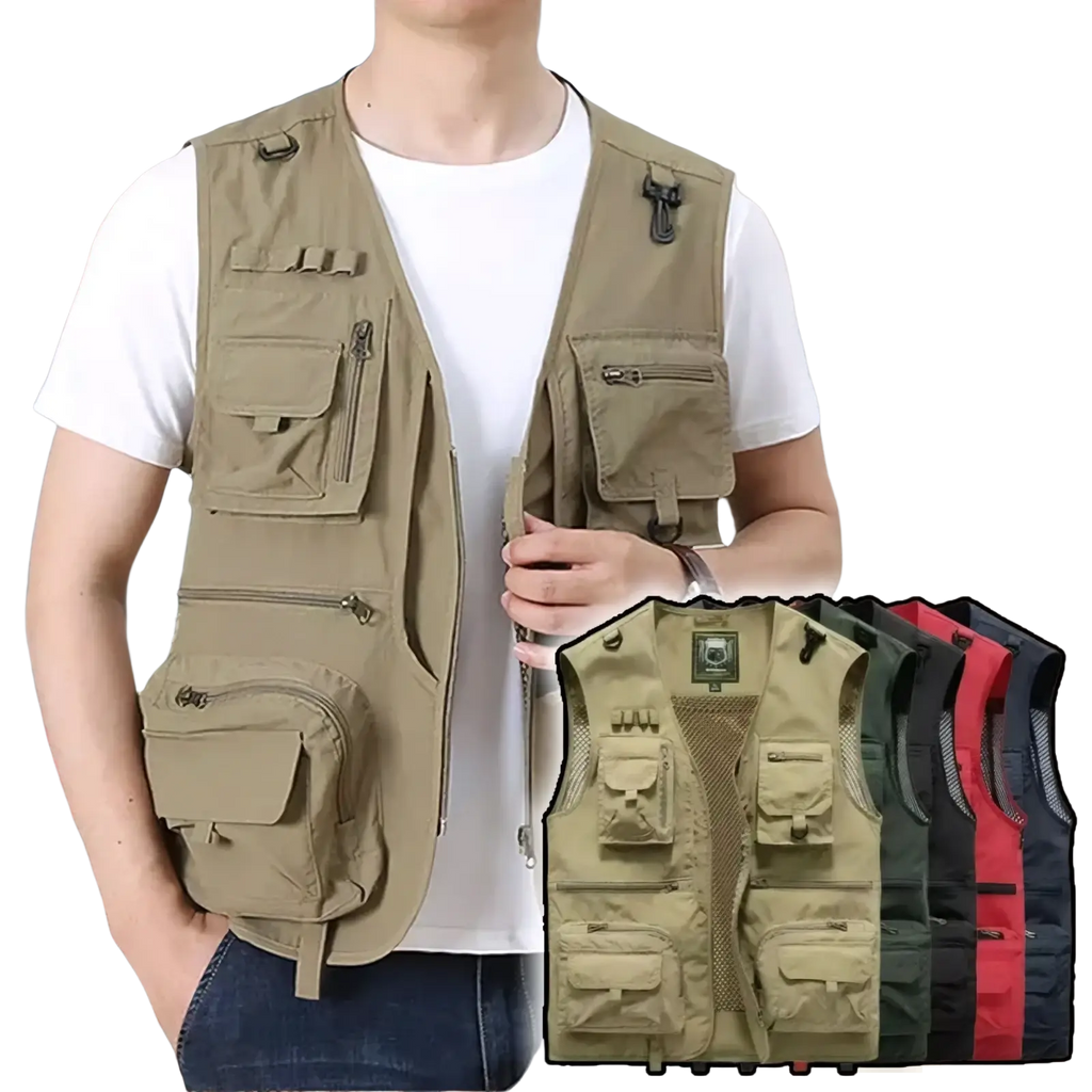Tan tactical hiking vest with 14 pockets and zippers made of durable fabric for outdoor and cargo use