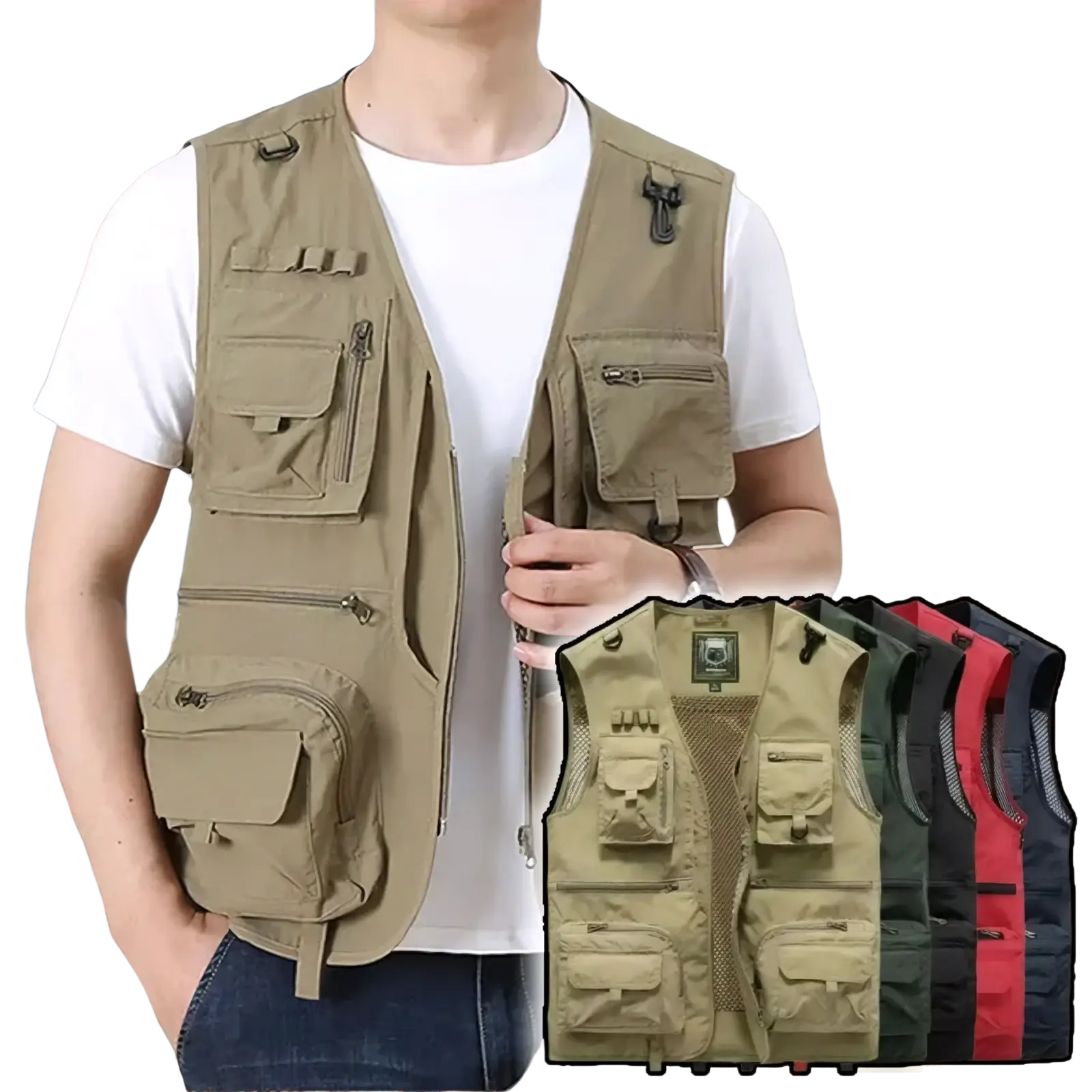 Tan tactical hiking vest with 14 pockets and zippers made of durable fabric for outdoor and cargo use