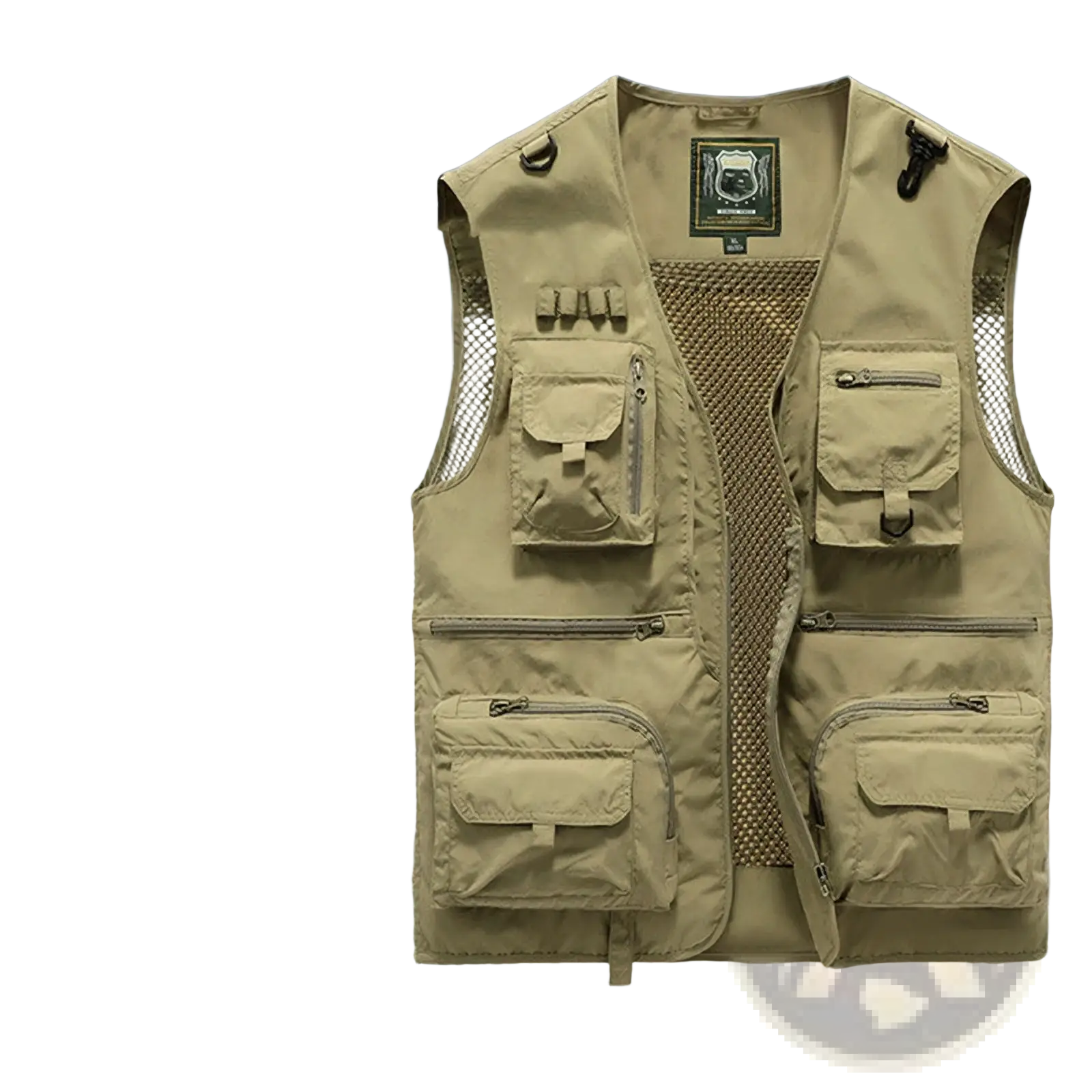 Tan tactical hiking vest with 14 zippered and flap pockets and mesh side panels for ventilation and cargo use