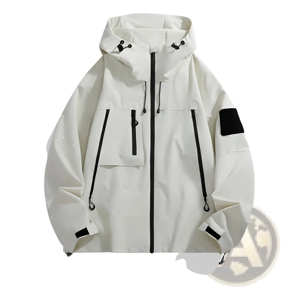 Tactical hooded shell jacket in off-white with black zipper accents and a black sleeve patch detail