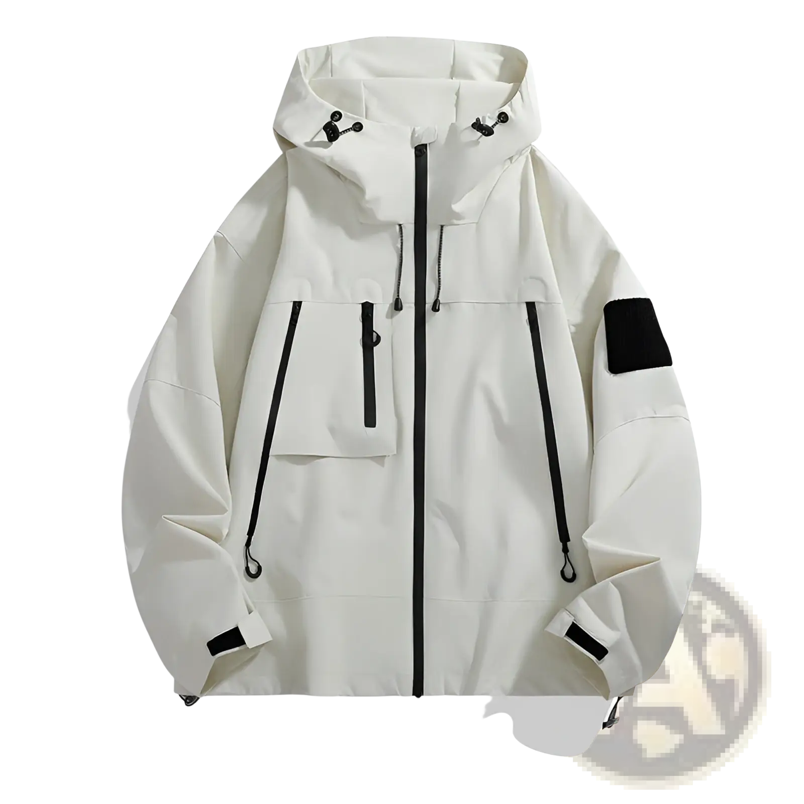 Tactical hooded shell jacket in off-white with black zipper accents and a black sleeve patch detail