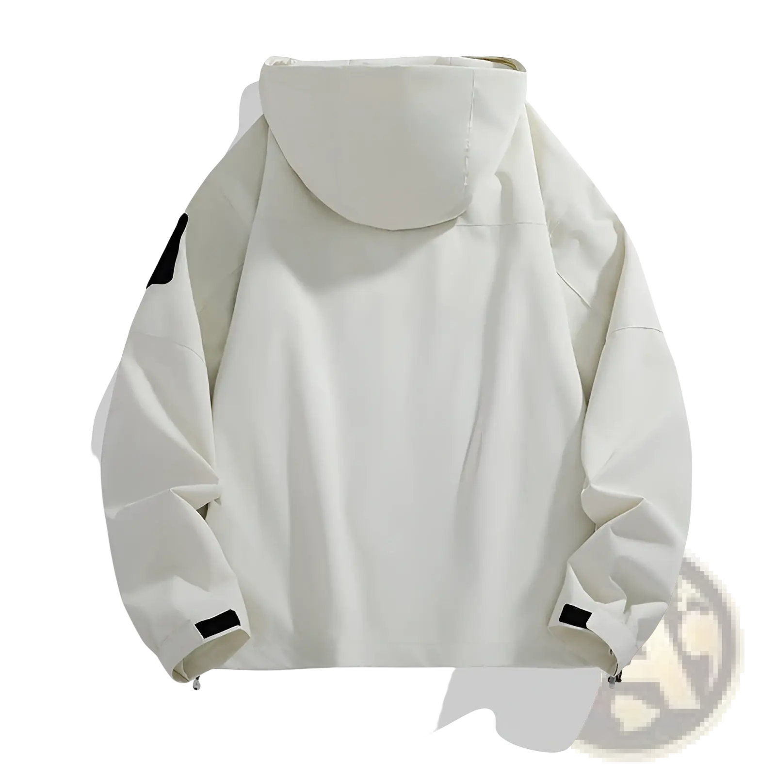 Off-white tactical hooded shell jacket with black patch details on sleeves and cuffs front view