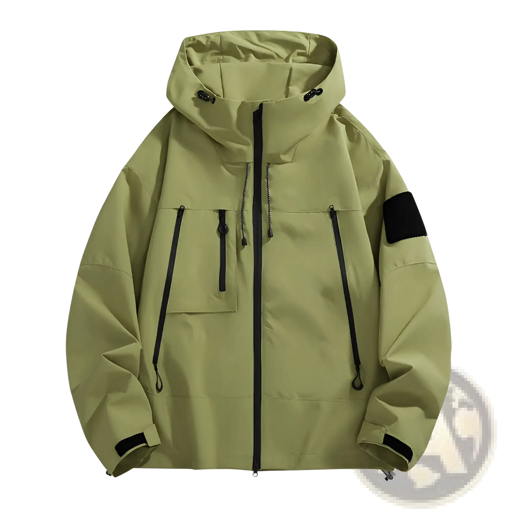 Tactical hooded shell jacket in olive green with black zipper accents and a black sleeve patch detail