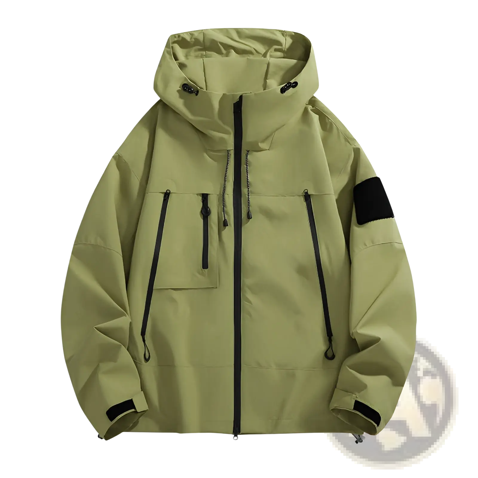 Tactical hooded shell jacket in olive green with black zipper accents and a black sleeve patch detail