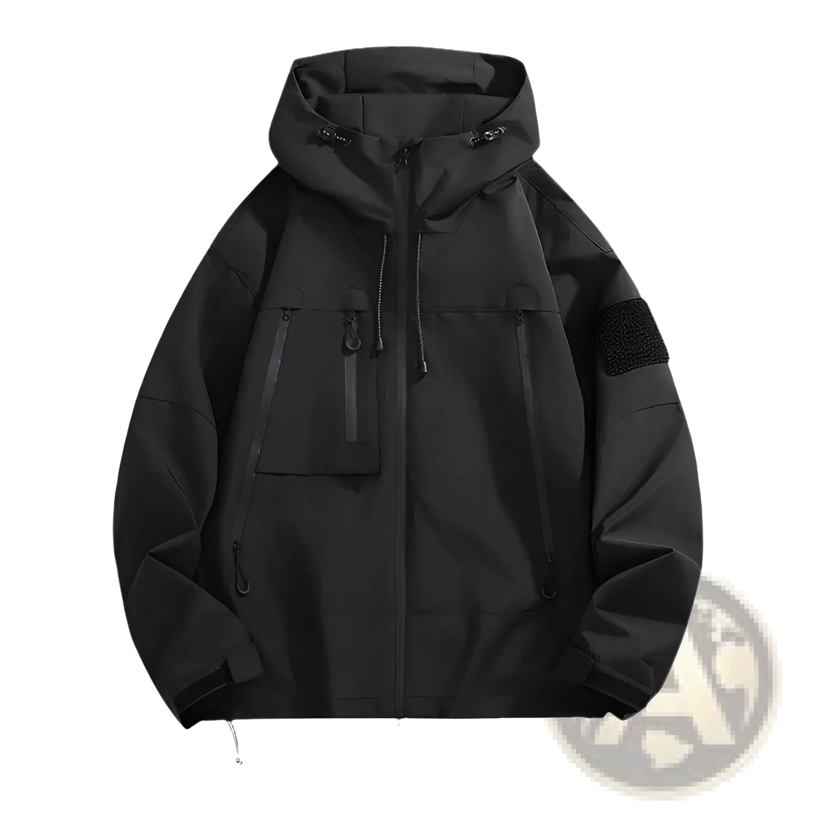 Black tactical hooded shell jacket with multiple zippered pockets and a tactical sleeve patch detail