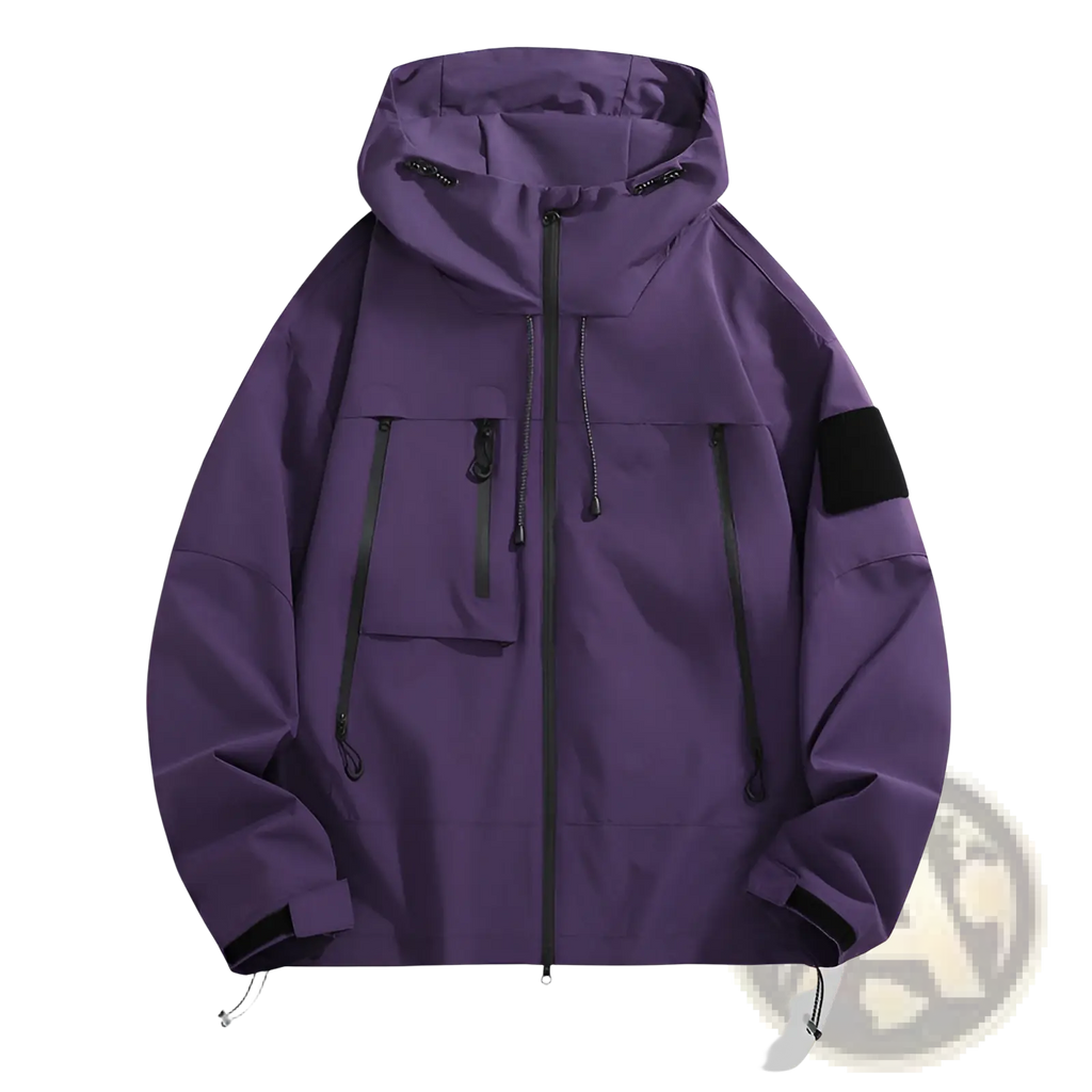 Tactical hooded shell jacket in purple with black zipper accents and a black patch on the sleeve