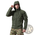 Olive green tactical lightweight cotton softshell jacket with hood reinforced seams and utility pockets
