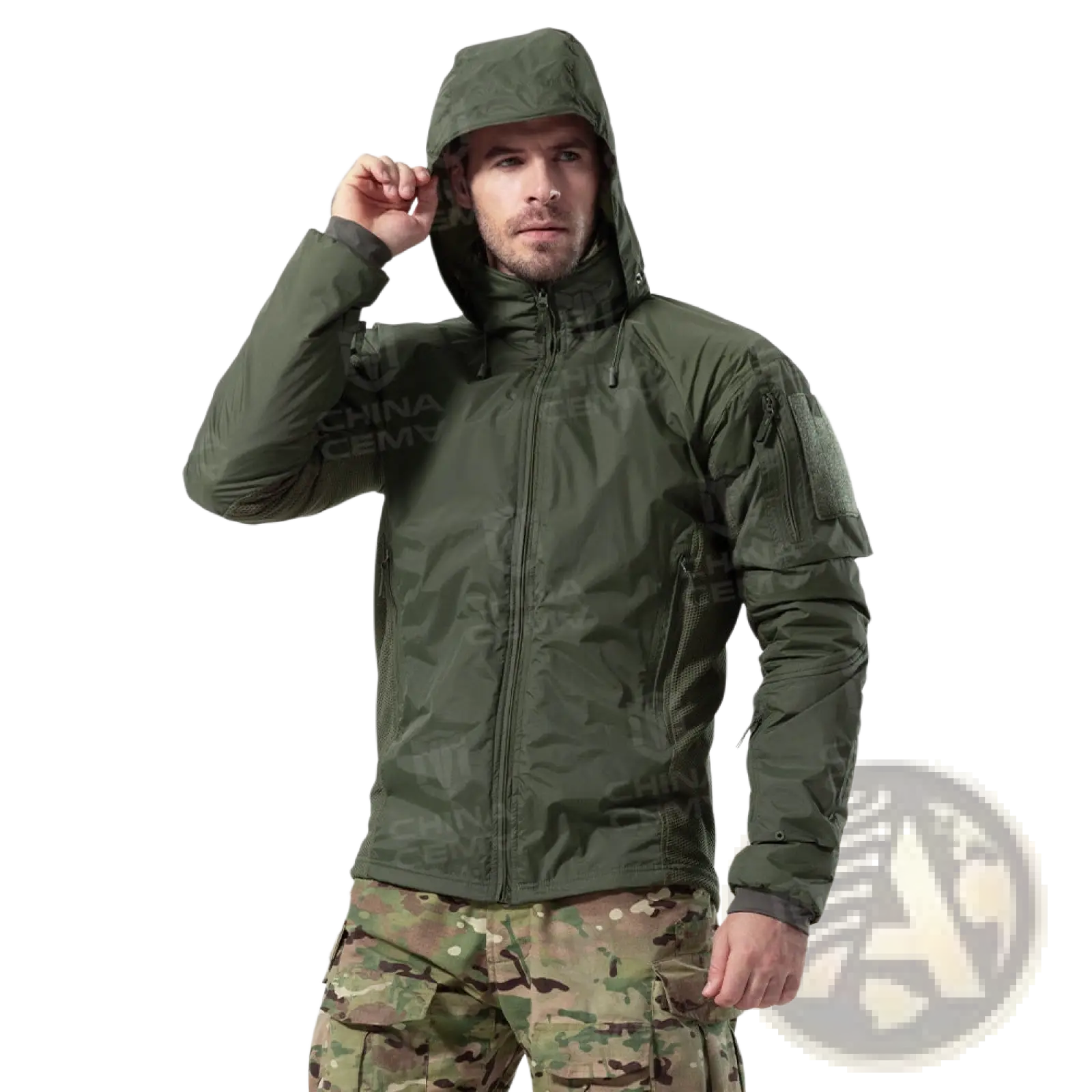 Olive green tactical lightweight cotton softshell jacket with hood reinforced seams and utility pockets
