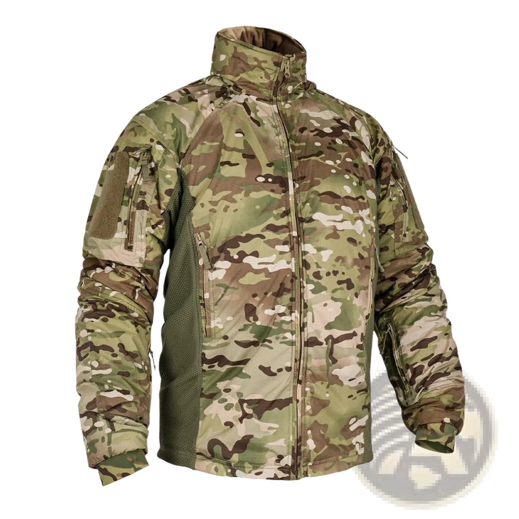 Tactical lightweight cotton softshell jacket in moss green and brown camouflage with reinforced panels shown from the back