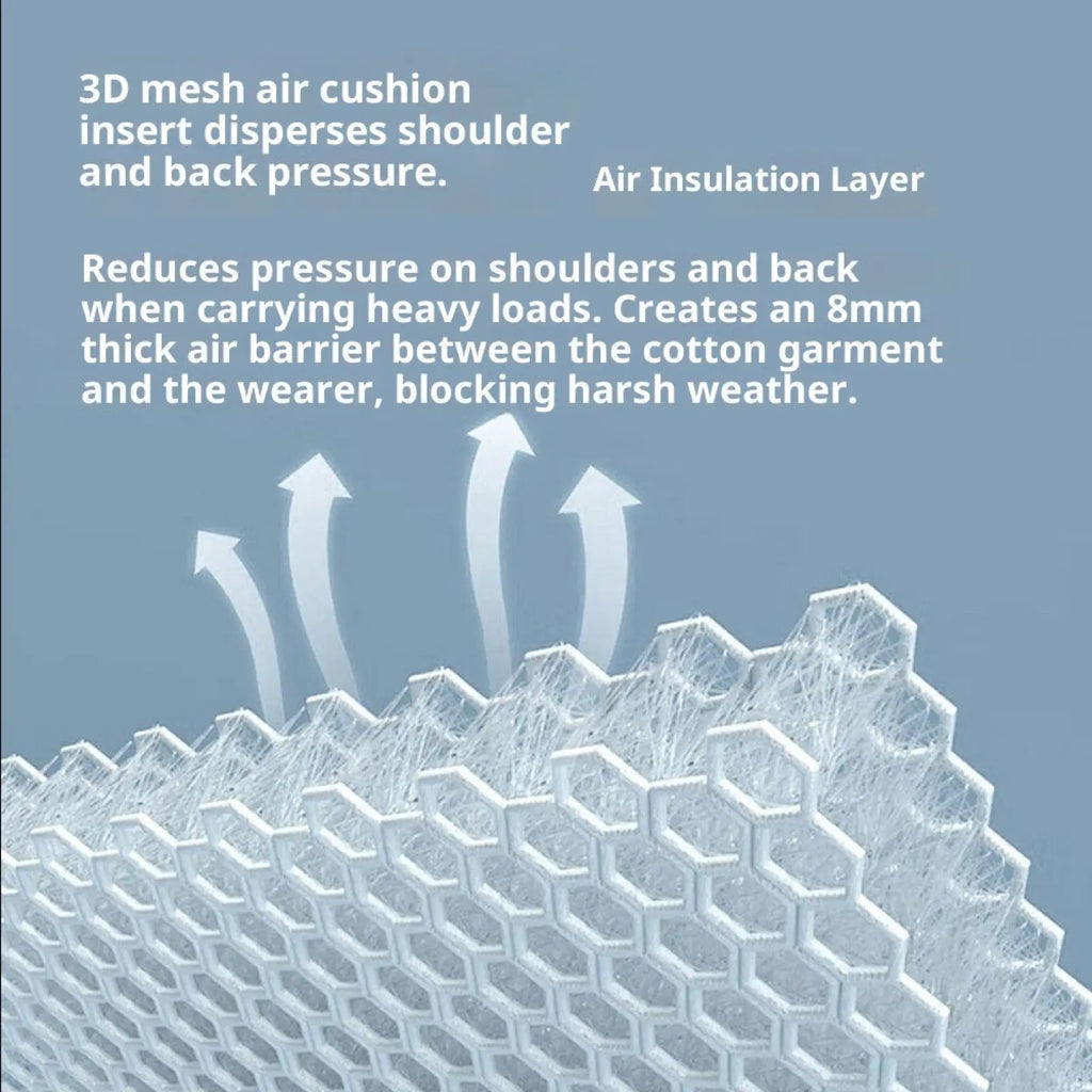 White 3d mesh air cushion insert with hexagonal lattice design in tactical lightweight cotton softshell jacket