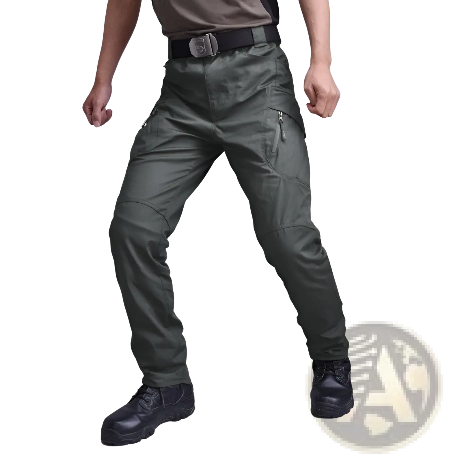 Dark olive green tactical military combat pants for men with multiple zippered pockets and reinforced knee areas