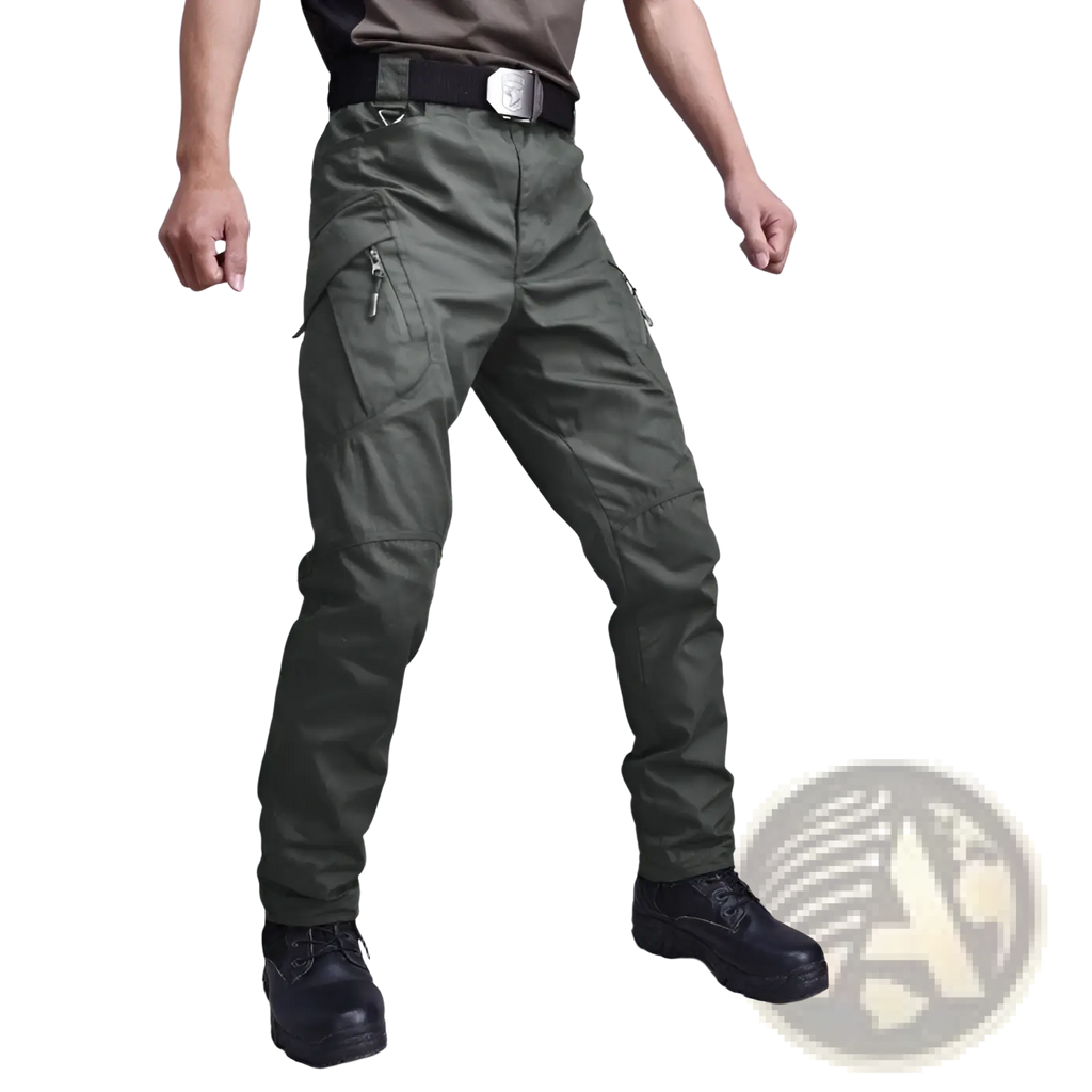 Olive green tactical military combat pants for men with multiple zippered pockets and reinforced stitching