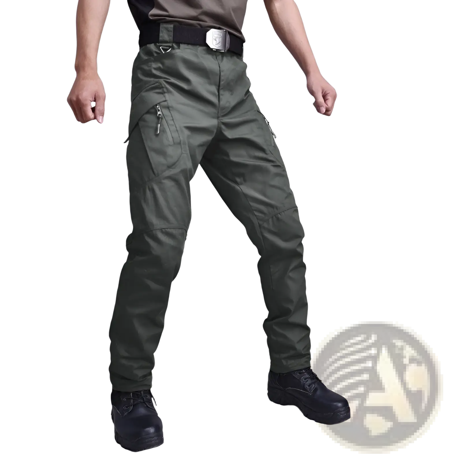 Olive green tactical military combat pants for men with multiple zippered pockets and reinforced stitching