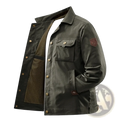 Olive green cotton twill tactical military jacket men winter cargo workwear with brass buttons and brown leather patch on sleeve