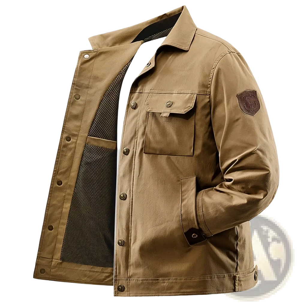 Tan corduroy tactical military jacket for men with brown leather sleeve patch and mesh lining for winter cargo workwear