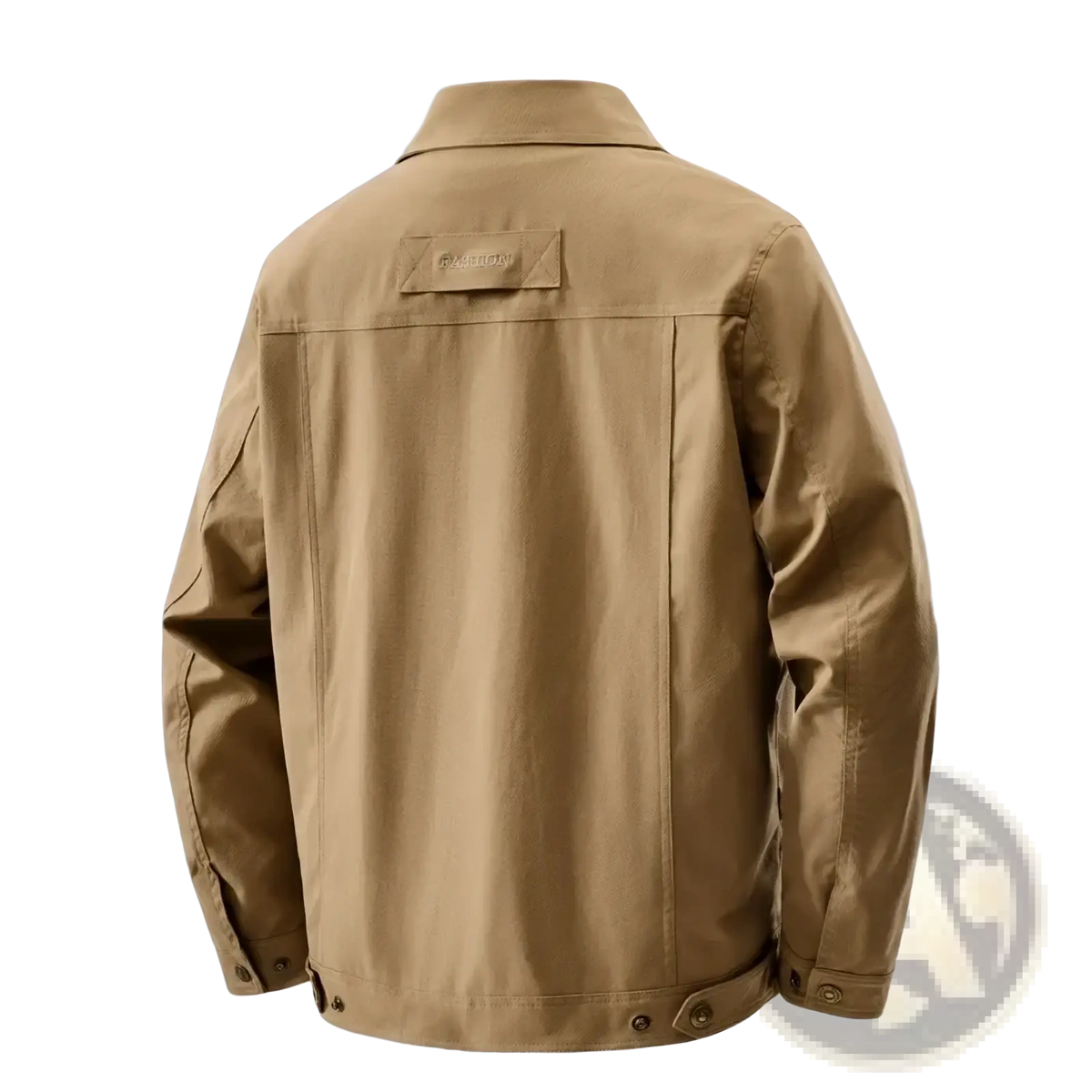 Tan cotton tactical military jacket for men with collar and buttoned cuffs designed for winter cargo workwear
