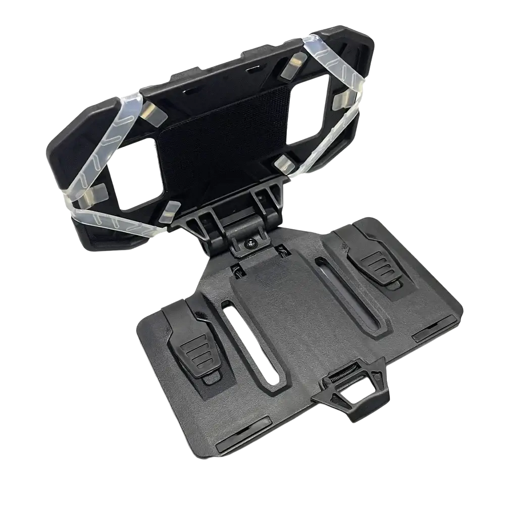 Black plastic tactical molle phone navigation board back side with transparent adhesive strips for secure grip