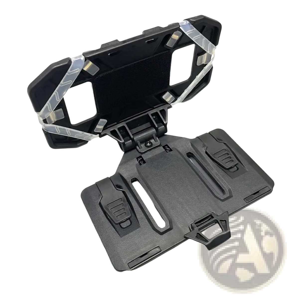 Black plastic tactical molle phone navigation board back side with transparent adhesive strips for secure grip