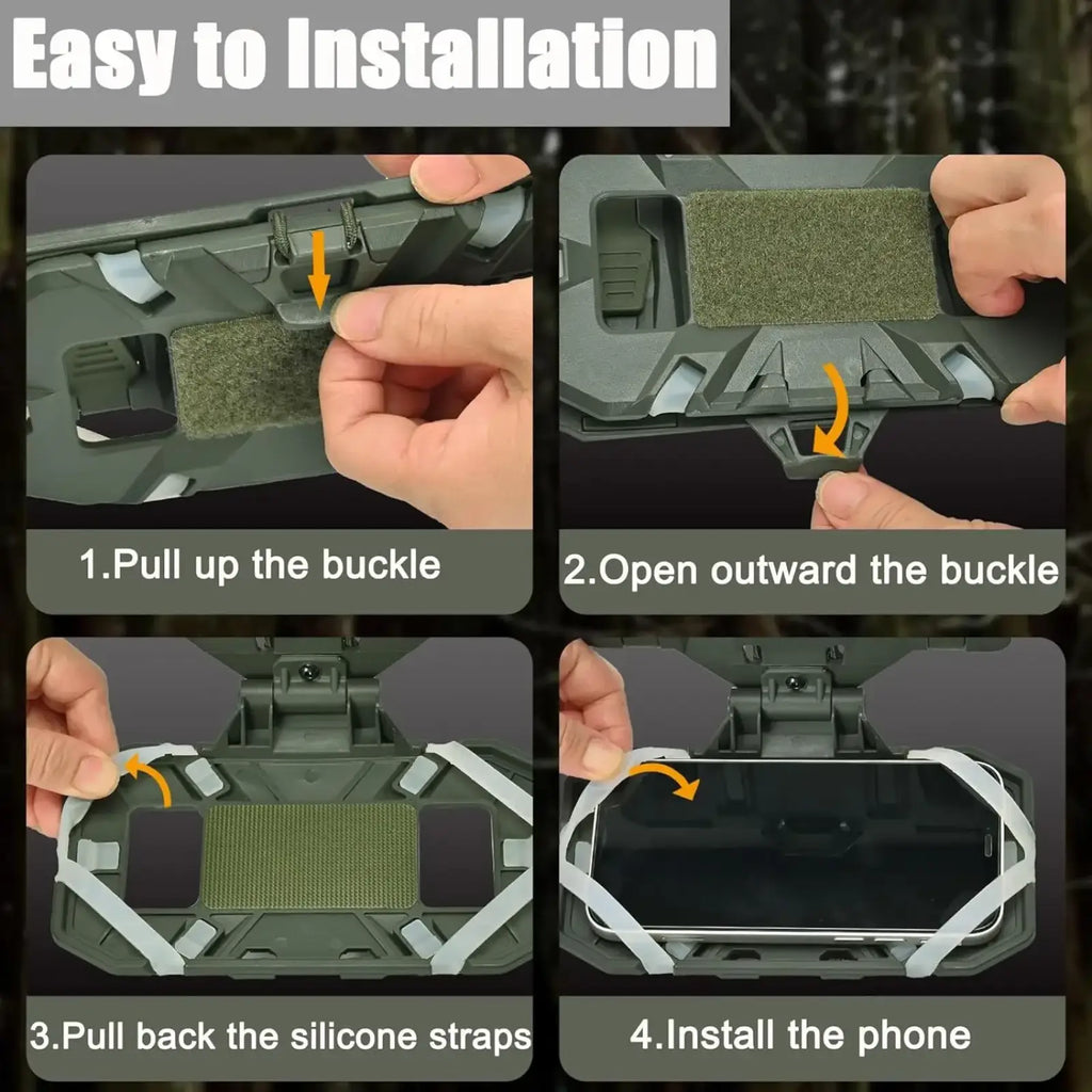 Dark green tactical molle phone navigation board with textured fabric inserts and silicone straps on backside