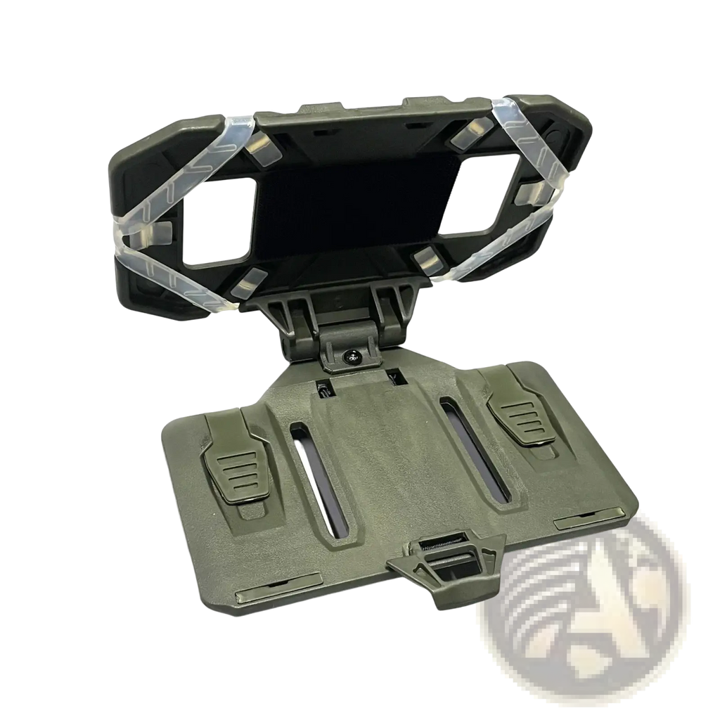 Olive green tactical molle phone navigation board with foldable angular design and transparent plastic rugged straps