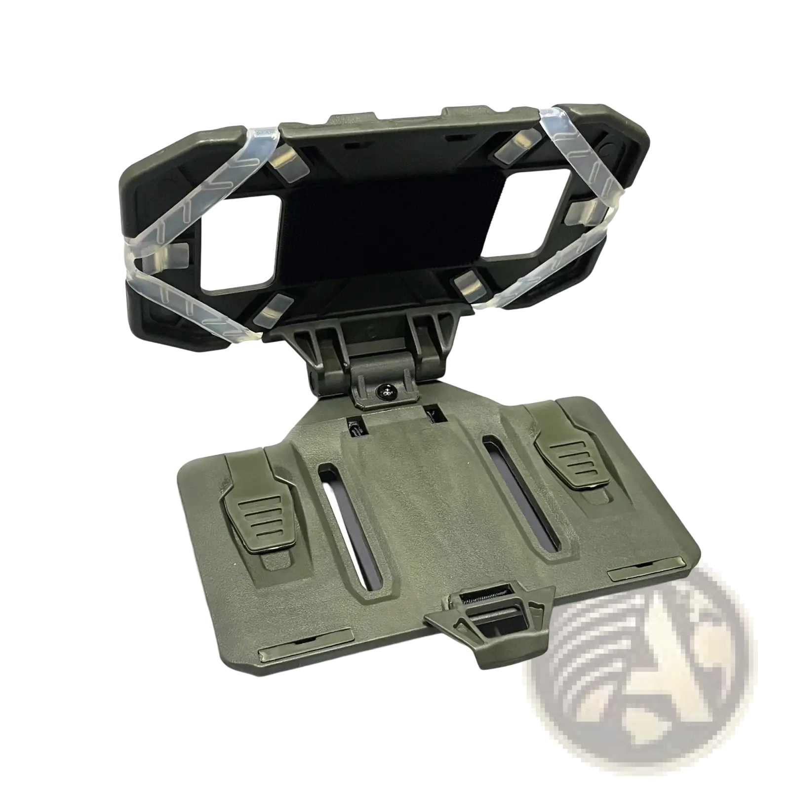 Olive green tactical molle phone navigation board with foldable angular design and transparent plastic rugged straps
