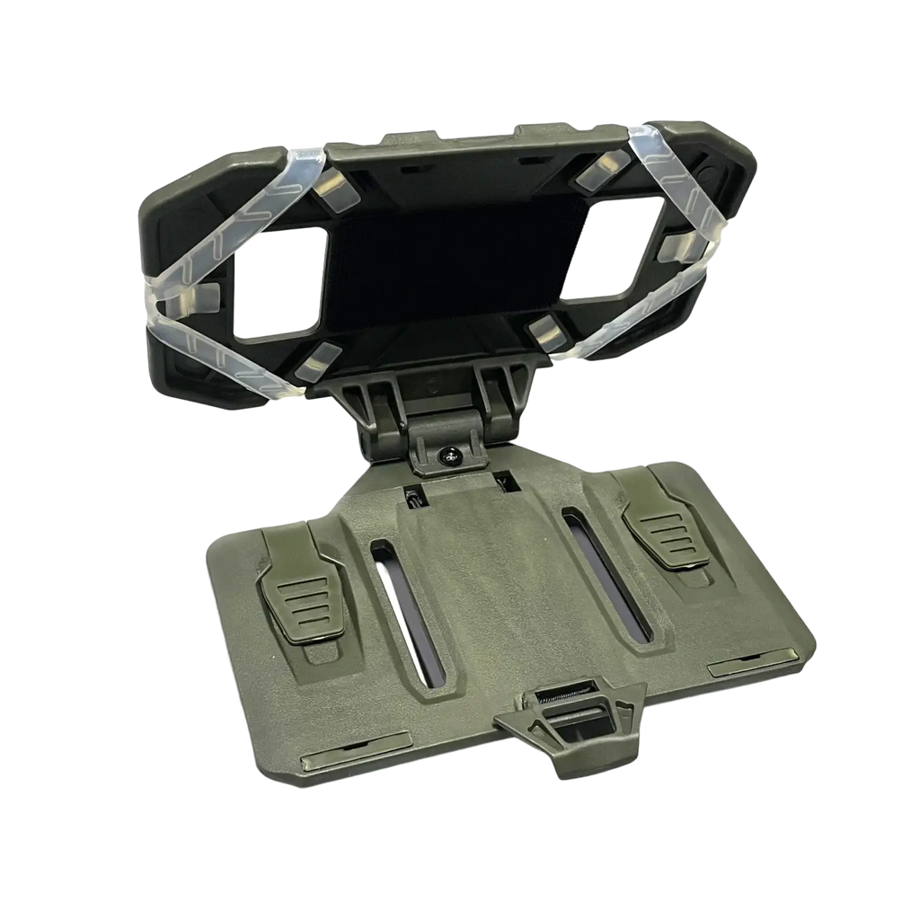 Olive green tactical molle phone navigation board with foldable angular design and transparent plastic rugged straps