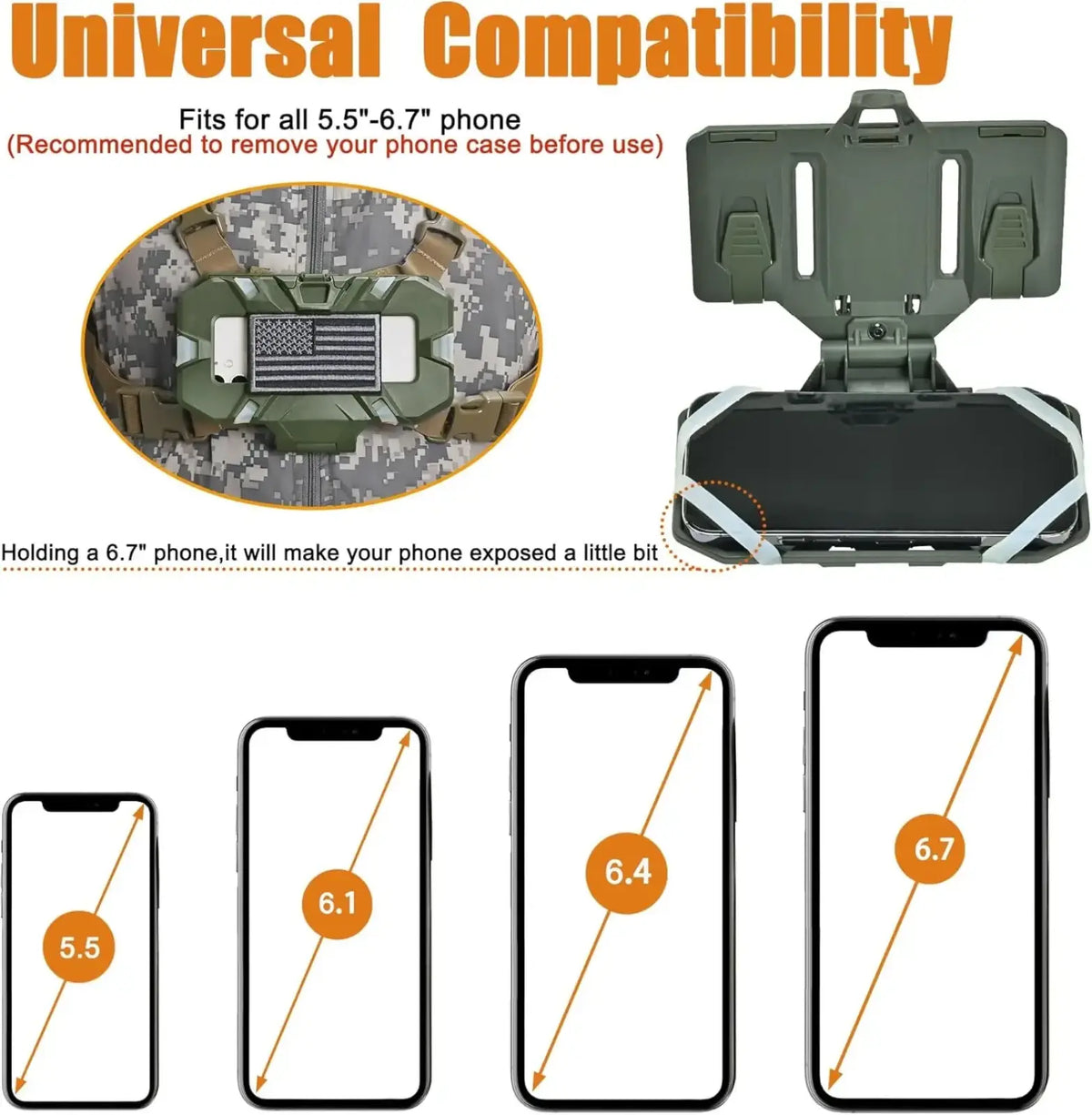 Olive green rugged tactical Molle phone navigation board with flip design and reinforced edges for 5.5 to 6.7 inch devices