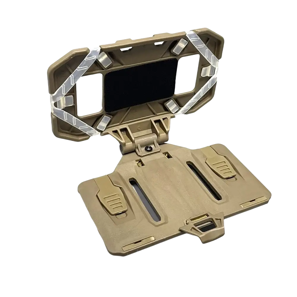 Tan tactical molle phone navigation board with reinforced plastic frame and clear adhesive strips for secure hold