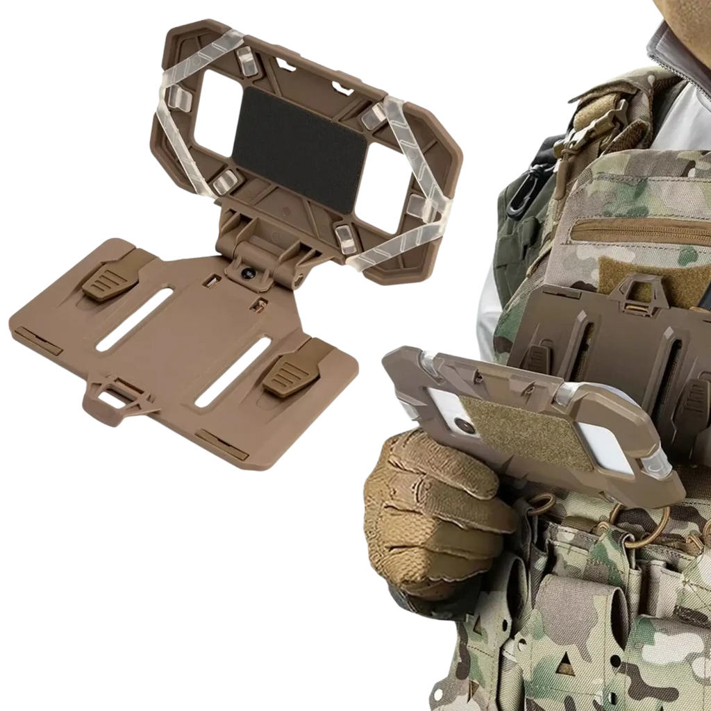 Tan tactical molle folding phone navigation board with reinforced plastic and clear protective strips for durability