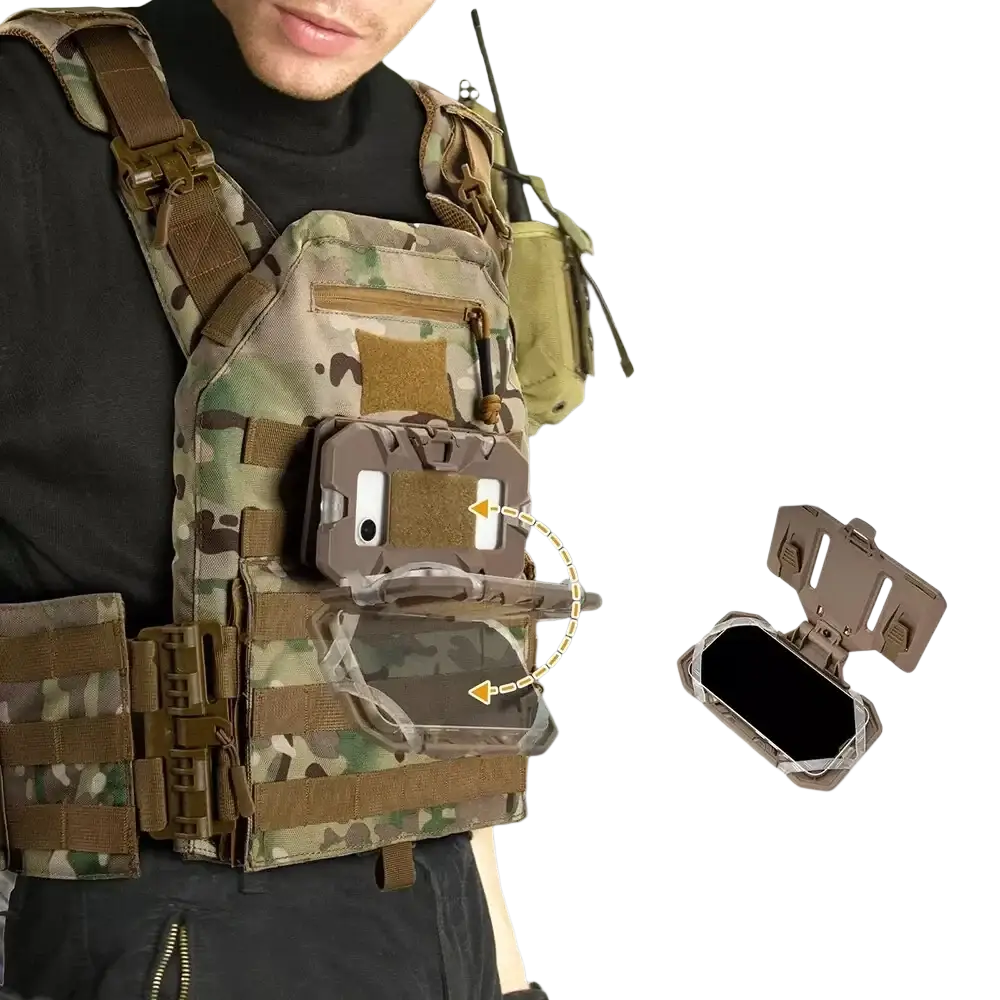 Tan tactical molle phone navigation board with clear protective cover and adjustable angle for secure device attachment