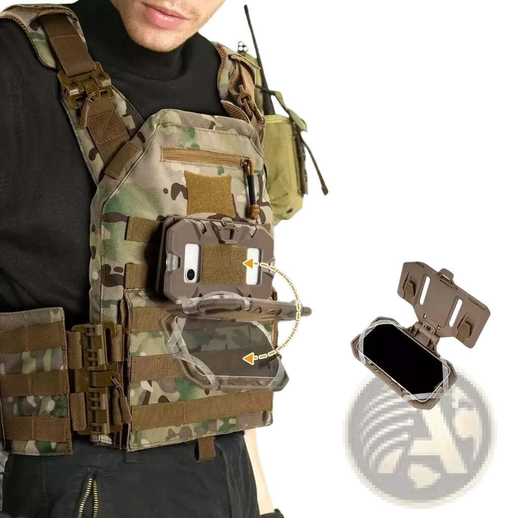 Tan tactical molle phone navigation board with clear protective cover and adjustable angle for secure device attachment