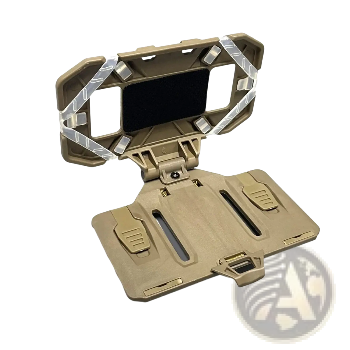 Tan tactical molle phone navigation board with reinforced plastic frame and clear adhesive strips for secure hold