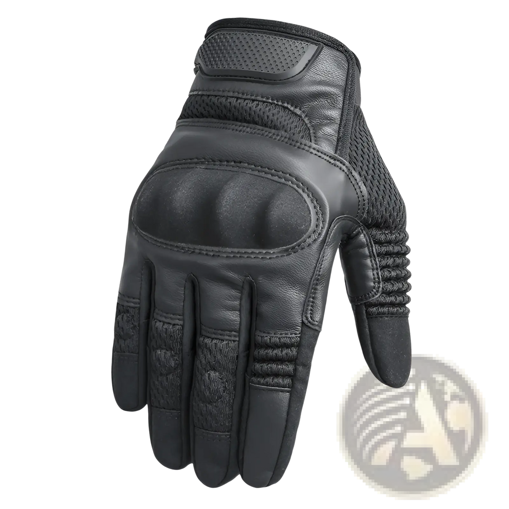 Tactical motorcycle riding gloves in black leather with reinforced padding and breathable mesh panels on the back side