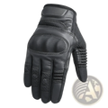 Tactical motorcycle riding gloves in black leather with reinforced padding and breathable mesh panels on the back side