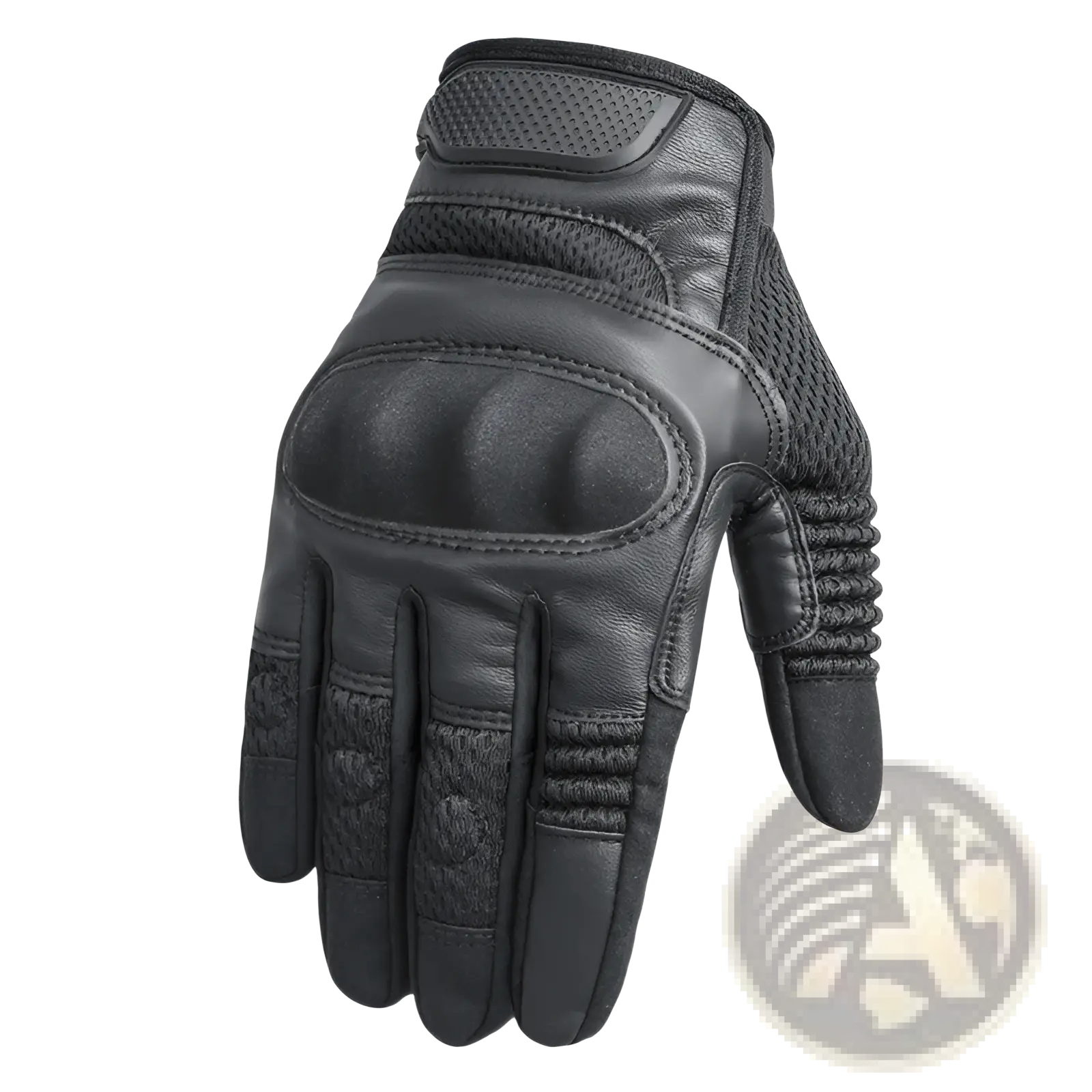 Tactical motorcycle riding gloves in black leather with reinforced padding and breathable mesh panels on the back side