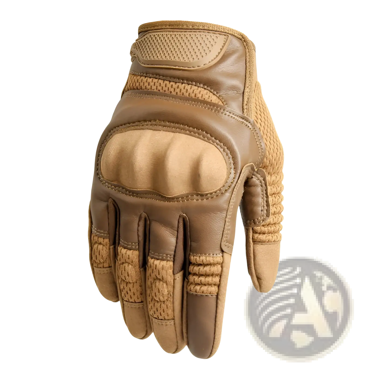 Tan tactical motorcycle riding gloves showing back side with reinforced leather palms and breathable mesh panels