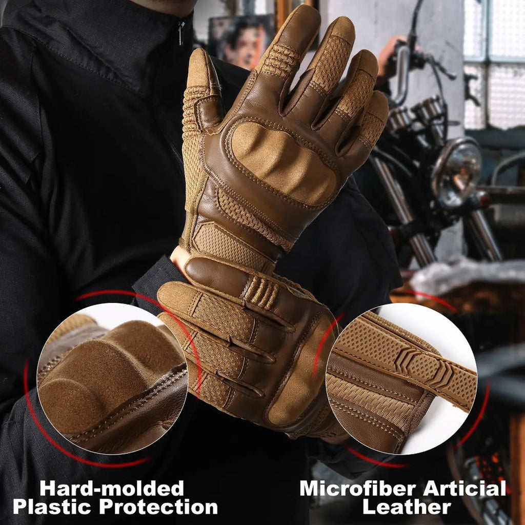 Tan tactical motorcycle riding gloves with hard-molded plastic knuckle protection and microfiber artificial leather palms showing back side