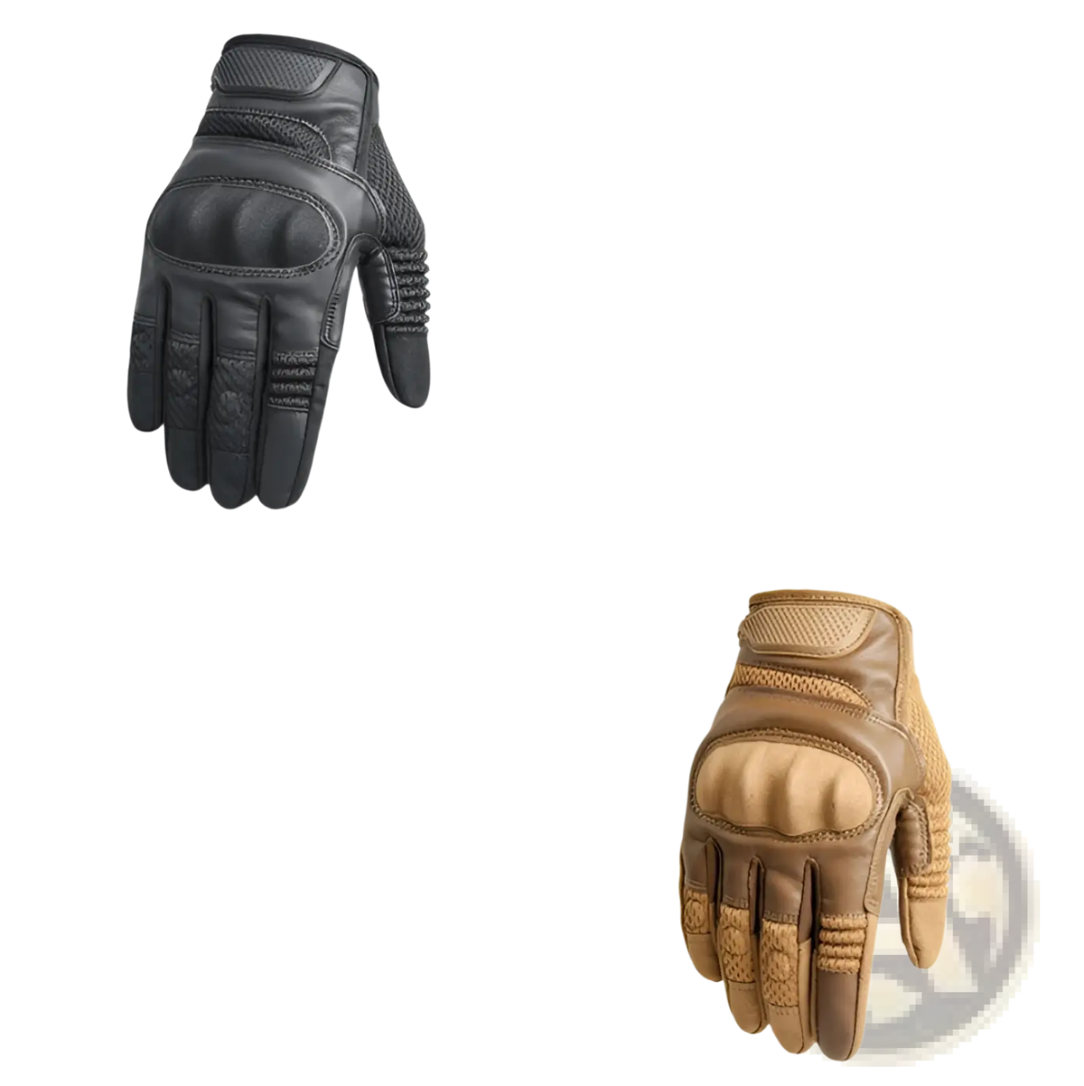 Black and tan tactical motorcycle riding gloves with reinforced knuckle padding and textured grip for durability back side view