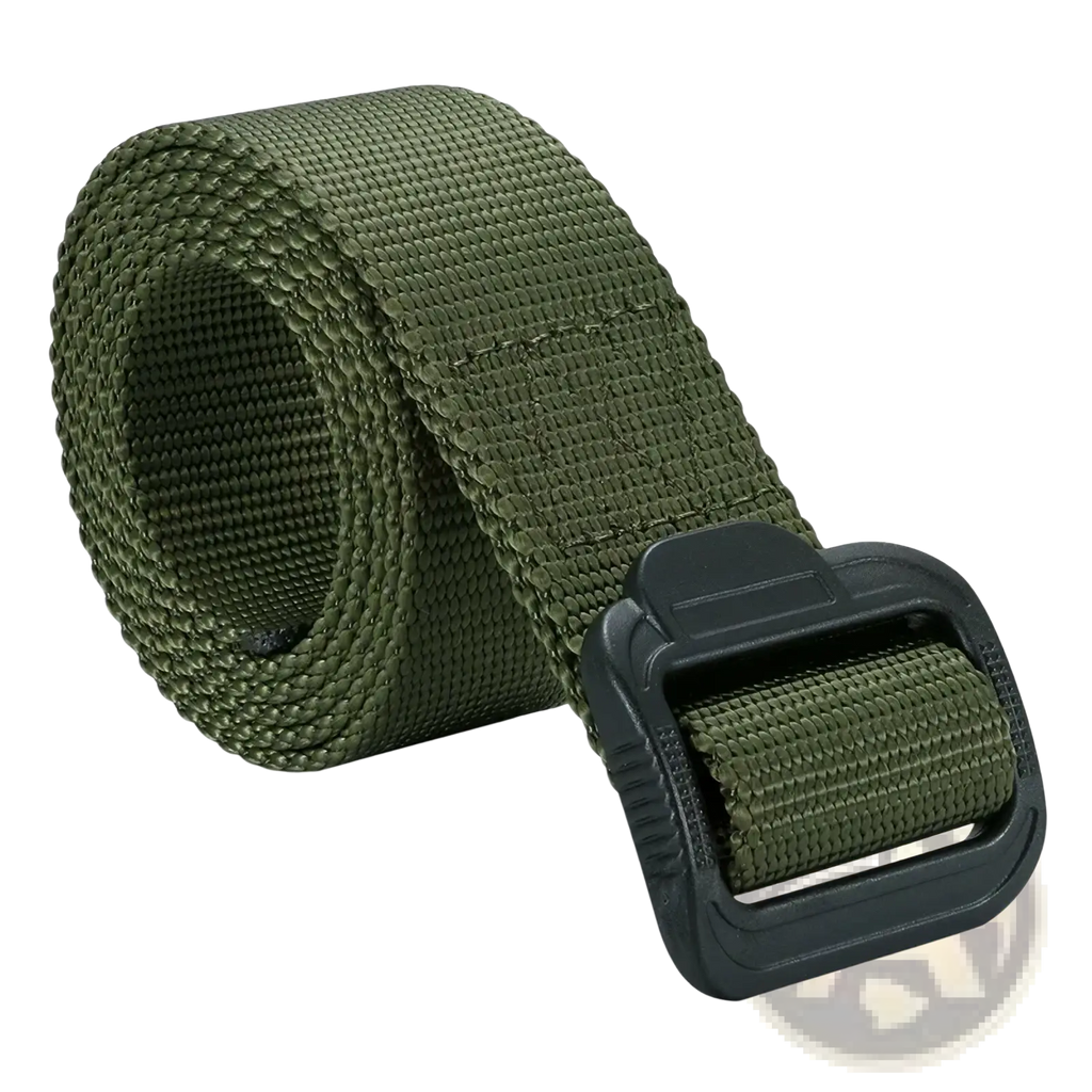 Olive green tactical non-metal belt made of nylon woven webbing with a black plastic buckle airport friendly
