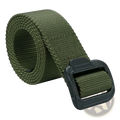 Olive green tactical non-metal belt made of nylon woven webbing with a black plastic buckle airport friendly
