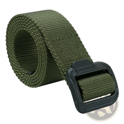 Olive green tactical non-metal belt made of nylon woven webbing with a black plastic buckle airport friendly