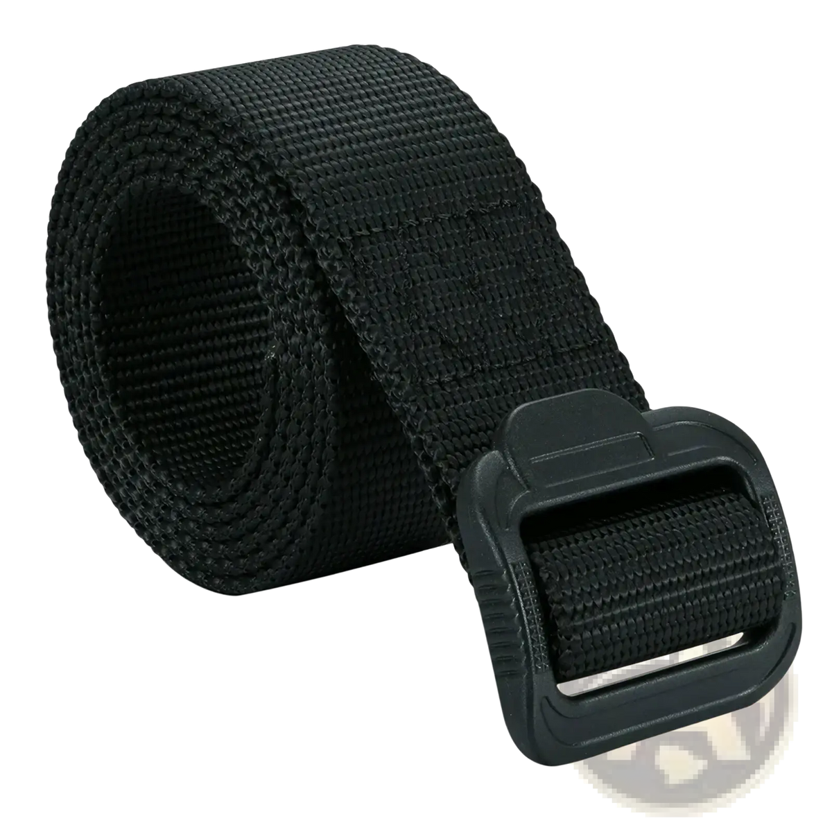 Black tactical non-metal belt made of nylon webbing with a durable plastic buckle, airport friendly design