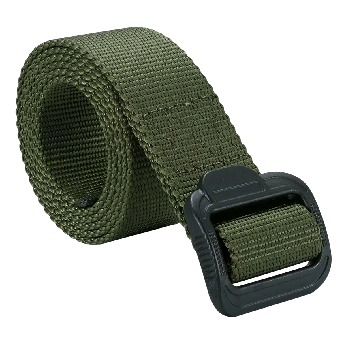Olive green tactical non-metal belt made of nylon woven webbing with a black plastic buckle airport friendly